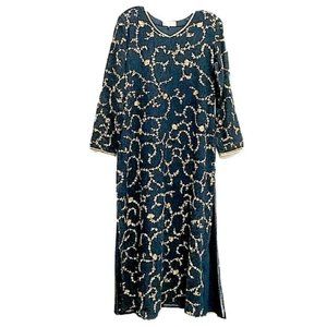 Floral Embroider Crinkled Semi Sheer Long Dress M Lined Long Sleeve Teal Blue